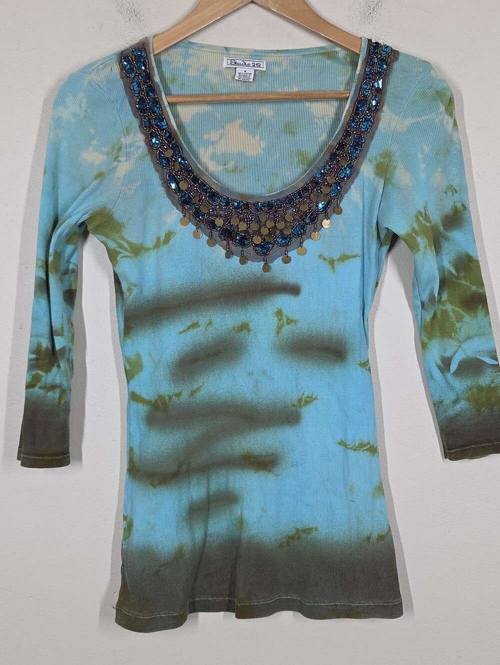 Vtg Y2K Tie Dye Beaded Sequin Embellished Top M Fairy Grunge Festival Boho Artsy